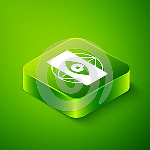 Isometric Big brother electronic eye icon isolated on green background. Global surveillance technology, computer systems