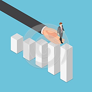 Isometric big business hand helping businessman reaching the top of graph