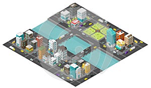 Isometric big city and bridge over river. Two bridges. Town district street. Cars traffic end buildings. Cityscape infrastructure