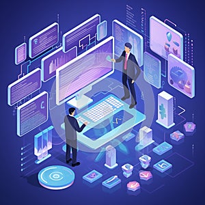Isometric of big data analysis concept. Illustration by generative Ai