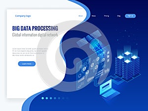 Isometric Big data processing, Global information digital network concept, datacenter, data base, digital information