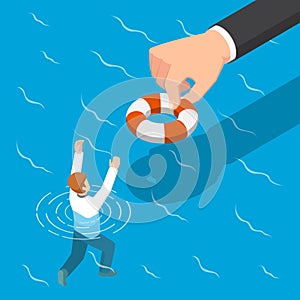 Isometric big hand giving a lifebuoy to help businessman.