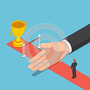 Isometric big hand hinder businessman from finish line and trophy photo