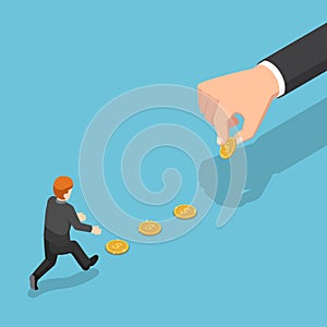 Isometric big hand use dollar coin to entice businessman