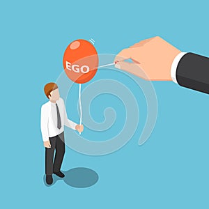 Isometric big hand use needle to destroy ego balloon of business