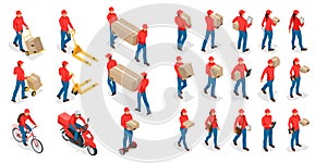 Isometric big set of delivery man and woman in uniform holding boxes and documents in different poses. Collection