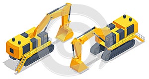 Isometric biggest hydraulic mining excavator. Equipment for high-mining industry.