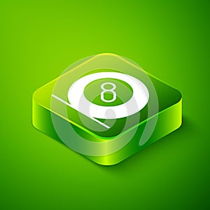 Isometric Billiard pool snooker ball with number 8 icon isolated on green background. Green square button. Vector