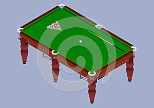 Isometric billiard table.Green table with balls and cue stick
