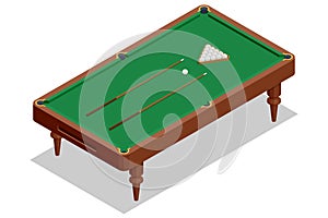 Isometric billiard table isolated on white background. Billiard table with green surface and balls in the billiard club