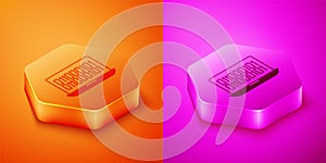 Isometric Binary code icon isolated on orange and pink background. Hexagon button. Vector