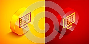 Isometric Binary code icon isolated on orange and red background. Circle button. Vector