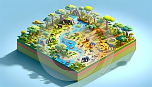 Isometric Biodiverse Wildlife Ecosystem in 3D Rendering. Created with generative AI