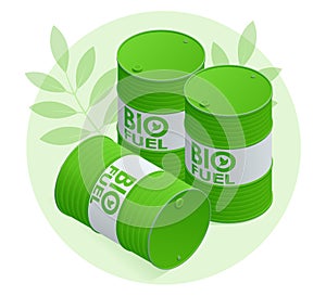 Isometric Biofuel barrels with biofuel. Green energy. Save the earth, ecology, alternative energy.