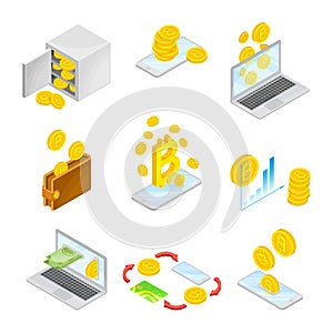 Isometric Bitcoin Currency Gold Coins Exchange Scheme and Profit Chart Vector Set