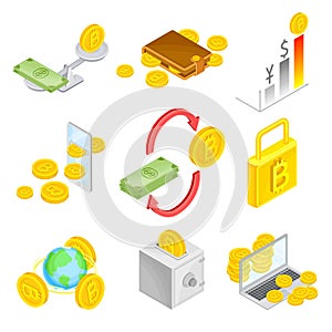 Isometric Bitcoin Currency Gold Coins Exchange Scheme and Profit Chart Vector Set