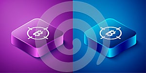 Isometric Bitcoin in the target icon isolated on blue and purple background. Investment target icon. Square button
