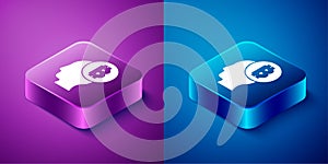 Isometric Bitcoin think icon isolated on blue and purple background. Cryptocurrency head. Blockchain technology, digital