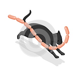 Isometric black cat steals delicious sausages. The cat runs away with a sausage in its mouth.