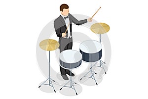 Isometric Black Drum Kit with drum sticks isolated on white background