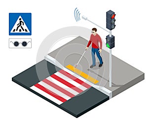 Isometric blind man crossing street at crosswalk. Urban city crosswalk of disabilities