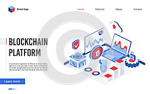 Isometric blockchain platform technology vector illustration, modern concept banner, website design with cartoon 3d tech