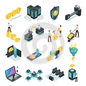 Isometric blockchain. Safe global network, cryptocurrency bitcoin tokens startup ico currency income, mining coin vector photo