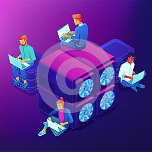 Blockchain and mining isometric concept.
