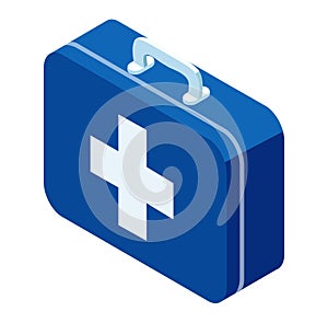 Isometric blue first aid kit with white cross. Medical emergency box for healthcare. Safety, first responder equipment photo