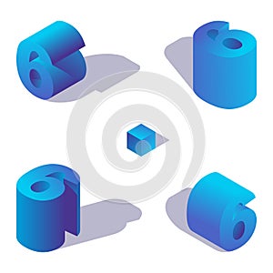 Isometric blue number 6 in various foreshortening. Decorated with shadows and vibrant gradients digits