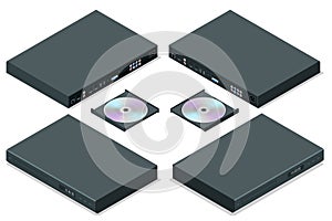 Isometric Blue-ray player with a disk, isolated. DVD player ejecting disc with remote control isolated on white