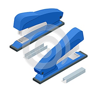 Isometric blue Stapler and stapleson a white background. Office stationery paper stapler vector illustration