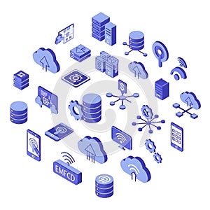 Isometric blue technology icons representing cloud computing data storage and networking