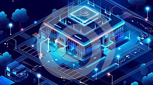 Isometric blueprint of an energy-efficient office building with smart lighting systems