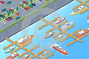 Isometric Boats Yachts on Pier Berth near embankment with Cars on Parking Flat Vector illustration