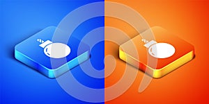 Isometric Bomb ready to explode icon isolated on blue and orange background. Square button. Vector