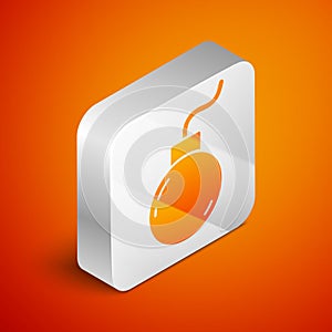Isometric Bomb ready to explode icon isolated on orange background. Silver square button. Vector