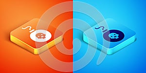 Isometric Bomb ready to explode icon isolated on orange and blue background. Vector