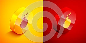 Isometric Bomb ready to explode icon isolated on orange and red background. Circle button. Vector Illustration