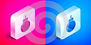 Isometric Bomb ready to explode icon isolated on pink and blue background. Silver square button. Vector