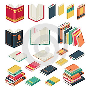 Isometric book collection. Opened and closed books set for school library publishing dictionary textbook magazine vector