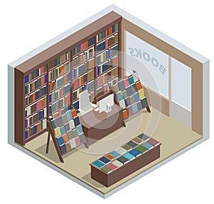 Isometric Book shop interior isolated on white background. Books, science, knowledge. Storefront and a shelf with books.