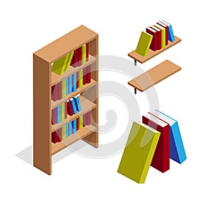 Isometric bookcase and bookshelf with books illustration