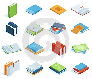 Isometric books. Bookstore or library books, education brochure, encyclopedia, textbooks or classic literature vector
