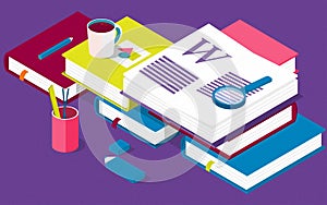 Isometric books. Creative concept for writing or blogging, school education,