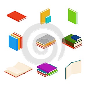 Isometric books, encyclopedia, dictionary, novel, document vector symbols