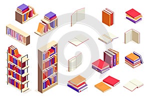 Isometric books. Open and closed book stack, university textbook, encyclopedia, notebook and magazine. Vector 3d