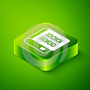 Isometric Books about programming icon isolated on green background. Programming language concept. PHP, CSS, XML, HTML
