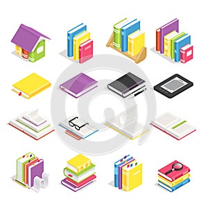 Isometric books. School textbook, book with bookmark and notebook with pen. Stack of textbooks on library bookshelf