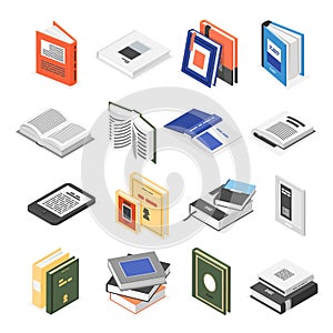 Isometric books set. Book icon 3d, notebooks and textbook. Symbols for school, university, college. Bookstore or library